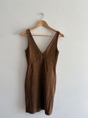 Aritzia Wilfred Free Jones Faux Vegan Suede V-Neck Sleeveless Dress Brown Tan 2